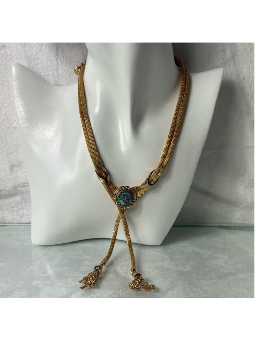 Vintage 1940’s HOBE signed Gold Tone Necklace Turquoise Stone Adjustable 18”